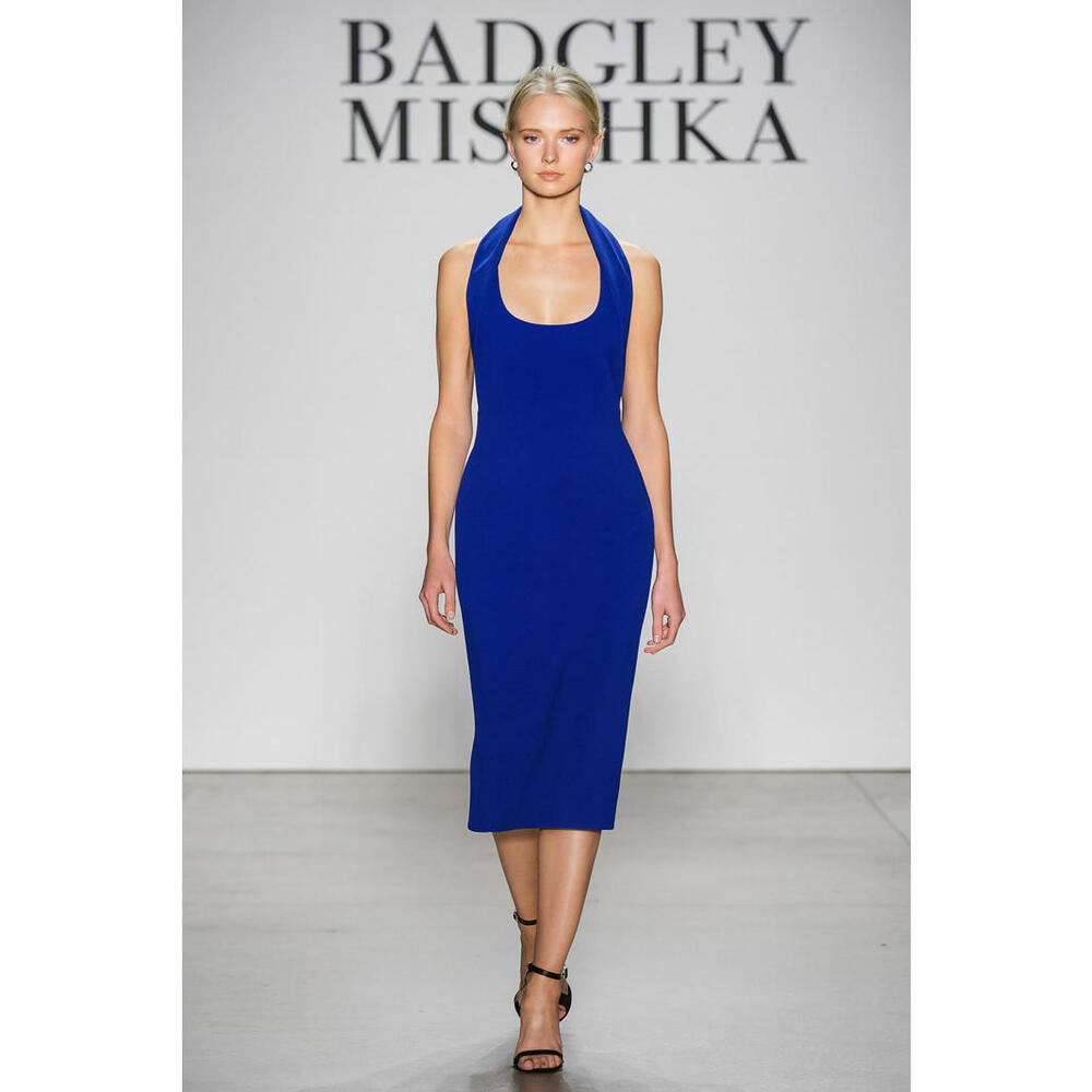 $2,299 Badgley Mischka Cocktail Dress Blue sz 4 Ankle Length Edgy Modern Runway